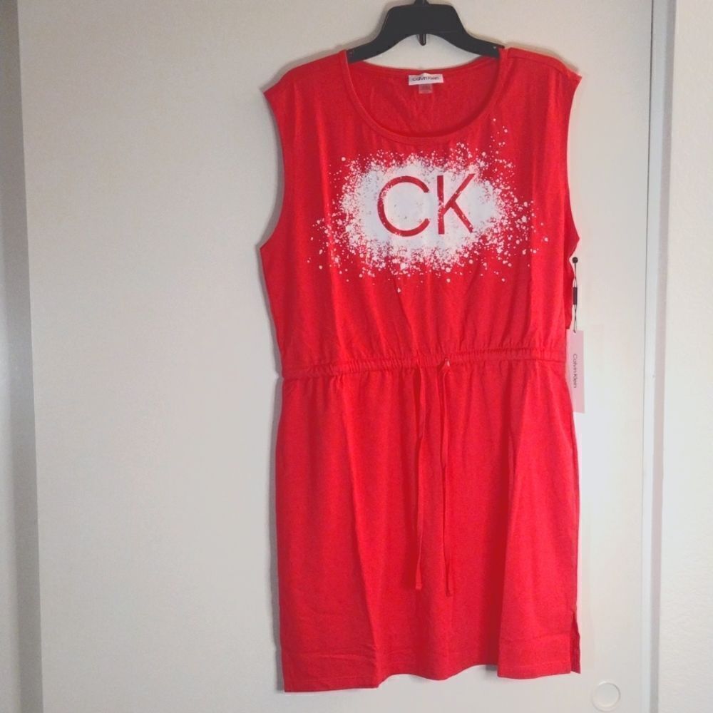 Calvin Klein NWT Red Cotton Casual Sleeveless Shirt Dress Size Large